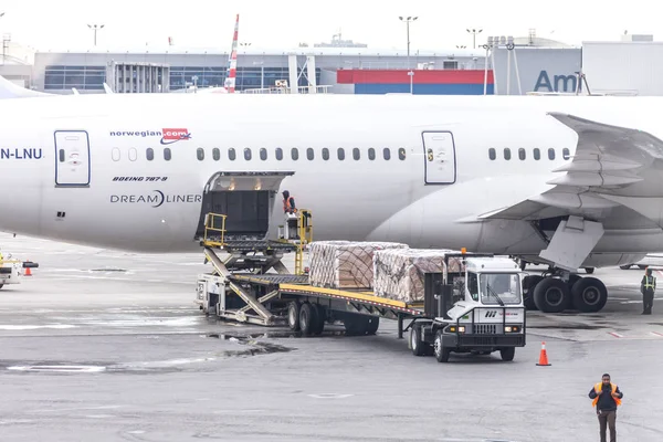 MOSCOW, RÚSSIA - 09 MAIO, 2019: Ocupado dia no aeroporto de Sheremetyevo. Preparação do avião antes do voo, carga de carga — Fotografia de Stock