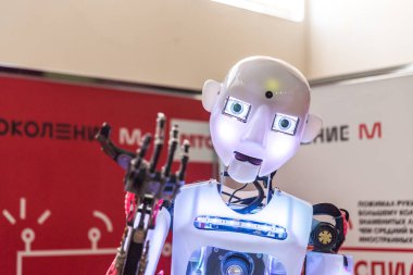 STAVROPOL, RUSSIA - APRIL 6, 2019: Modern Promo robot on the technology exhibition in Stavropol, Russia clipart