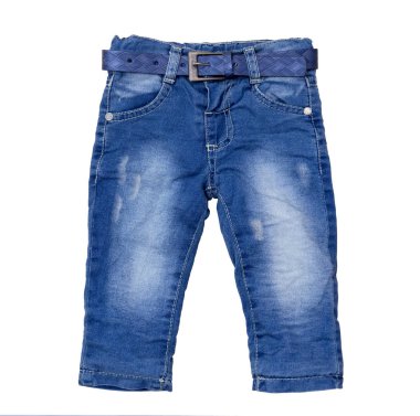 Moda mavi denim çocuk kot beyaz arka plan izole. Üstten düz yatıyordu