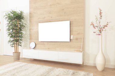 Boş modern düz ekran Tv oturma odasında duvara asılı