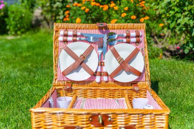 Parkta yeşil güneşli çim piknik sepeti