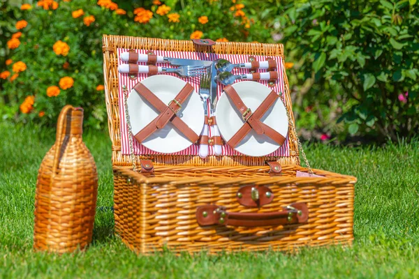 Picknickkorg på grön solig gräsmatta i parken — Stockfoto