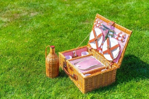 公园阳光明媚的草坪上的野餐篮 — 图库照片