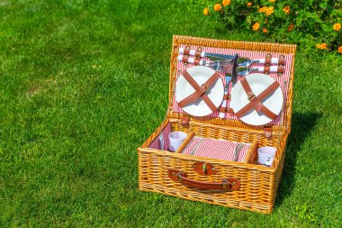 Parkta yeşil güneşli çim üzerinde kopya alanı ile Piknik sepeti