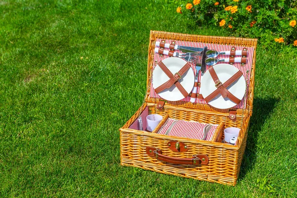 Parkta yeşil güneşli çim üzerinde kopya alanı ile Piknik sepeti