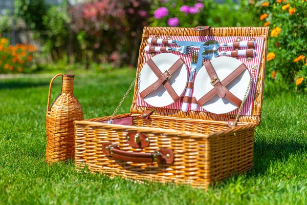 Parkta yeşil güneşli çim piknik Wicker sepeti