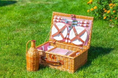 Parkta yeşil güneşli çim piknik sepeti
