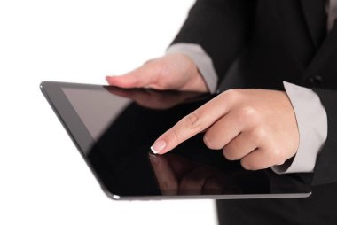 İş kadını beyaz izole Dijital Tablet parmak ile işaret