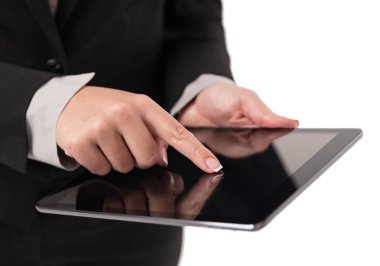 İş kadını beyaz izole Dijital Tablet parmak ile işaret