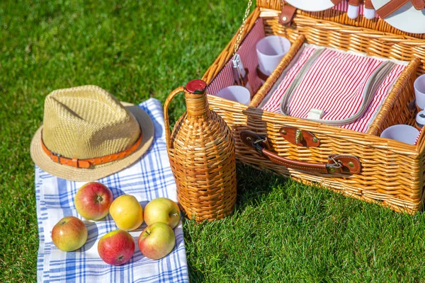 Корзина для пикника на зеленом солнечном газоне в парке — стоковое фото