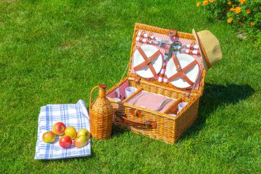 Parkta yeşil güneşli çim piknik sepeti