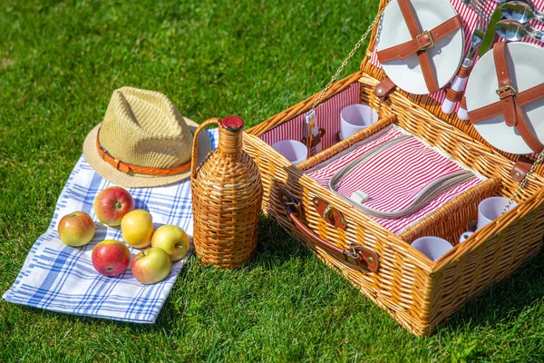 Picknickkorg på grön solig gräsmatta i parken — Stockfoto