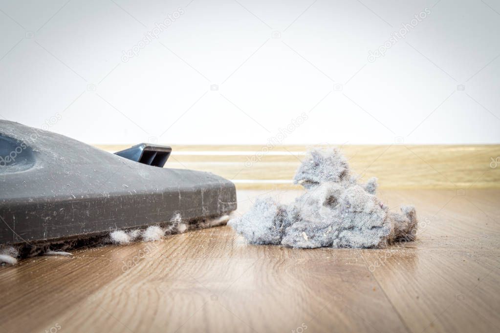 Dust and dirt on a wooden floor with vacuum cleaner