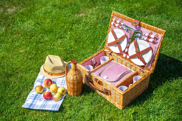 Parkta yeşil güneşli çim piknik sepeti