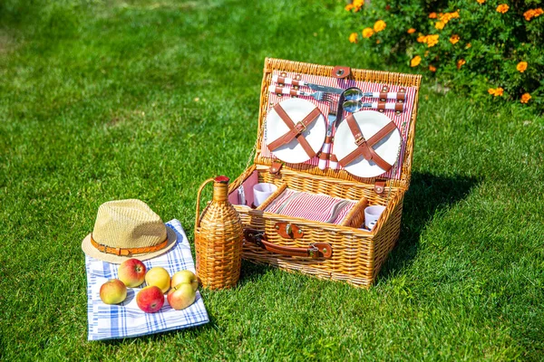 Cesto da picnic sul prato verde e soleggiato del parco — Foto Stock