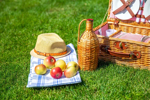 Cesto da picnic sul prato verde e soleggiato del parco — Foto Stock