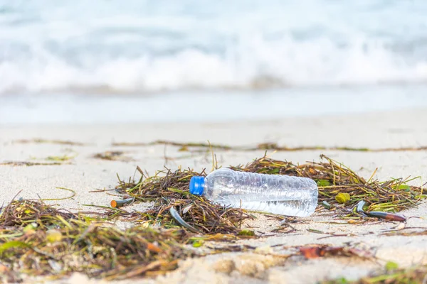 Plastic bottle with cap washed up on beach mixed with seaweed — Stock Photo, Image