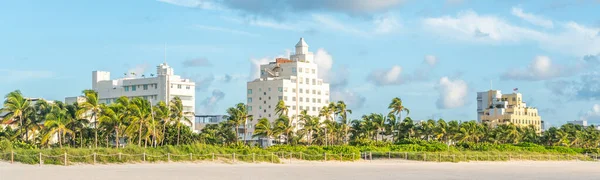 South Beach Miami 'nin Art deco bölgesi. Binalar tropikal palmiye ağaçları ile çevrilidir.. — Stok fotoğraf