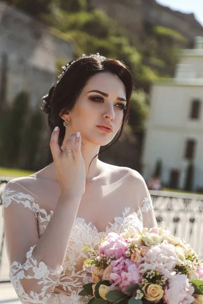 Fashion Photo Beautiful Bride Dark Hair Elegant Wedding Dress Posing — Stock Photo, Image