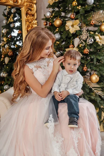 Holiday Christmas Photo Beautiful Mother Her Cute Small Son Posing — Stock Photo, Image