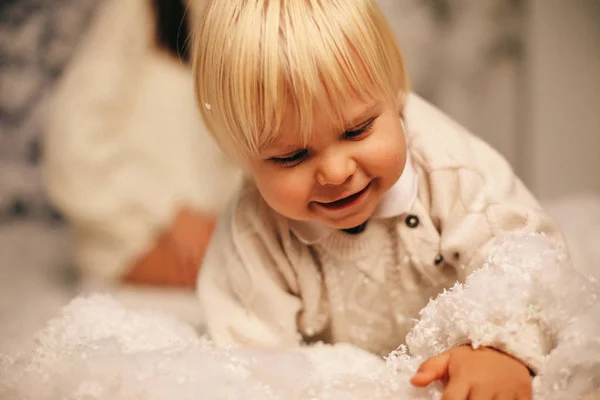 Holiday Christmas Photo Small Cute Boy Playing Toys Decorated Home — Stock Photo, Image