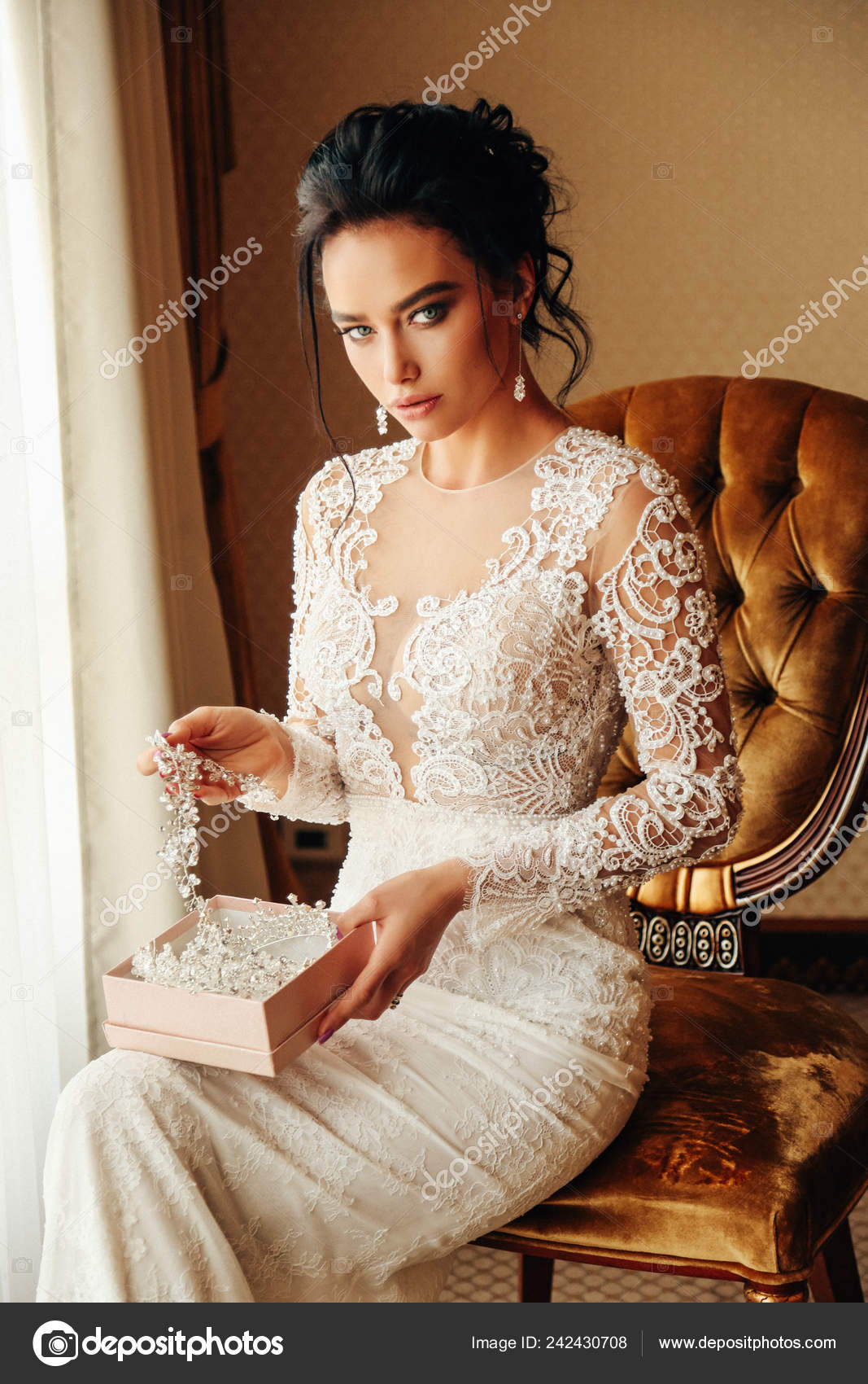 Fashion Photo Beautiful Woman Bride Long Dark Hair Luxurious