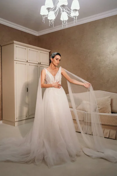 Wunderschöne sinnliche Braut mit dunklen Haaren im luxuriösen Hochzeitsdres — Stockfoto