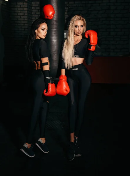 Сексуальные женщины в спортивной одежде и боксерских перчатках тренируются в — стоковое фото