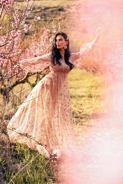 Hermosa mujer sensual con cabello oscuro en vestido elegante posando un —  Fotos de Stock