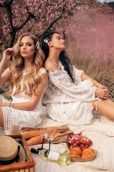 Красивые девушки в элегантных платьях, проводящие романтический пикник среди — стоковое фото