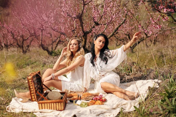 Hermosas chicas en vestidos elegantes teniendo picnic romántico entre —  Fotos de Stock