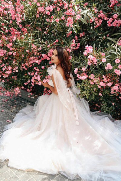 beautiful woman with dark hair in luxurious wedding dress posing
