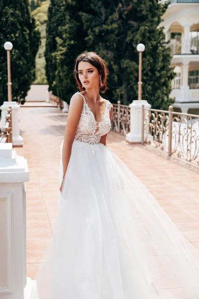 Bela mulher com cabelo escuro no vestido de casamento luxuoso — Fotografia de Stock