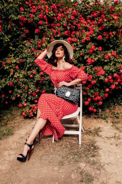 Güzel, şehvetli, siyah saçlı, lüks elbiseli ve kırmızı güllerle yaz bahçesinde poz veren aksesuarlı bir kadının moda fotoğrafı.