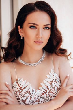 Moda stüdyosu fotoğrafı. Koyu saçlı, takılı, lüks elbiseli güzel bir kadın.