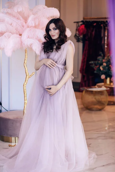 Moda Zdjęcie Pięknej Kobiety Ciąży Ciemnymi Włosami Luksusowej Sukience Pozowanie — Zdjęcie stockowe