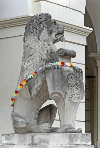 Stone Sculpture Sitting Lion City Lviv Armorial Bearing Entrance Town — Stock Photo, Image