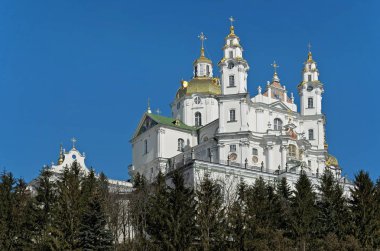 Ukrayna'nın kutsal Dormition Pochayiv Lavra, pinewood üzerinde görülen Dormition Katedrali.