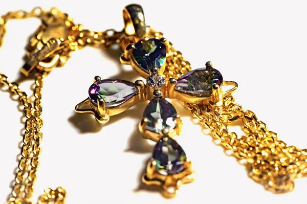 Macro Closeup Golden Cross Gems Golden Chain — Stock Photo, Image