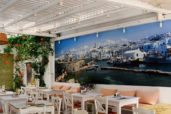 Naoussa Panorama Photo Mural Restaurant Naoussa Paros Greece — Stock Photo, Image