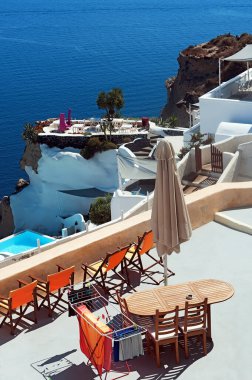 Santorini, Cyclades, Yunanistan 'ın geleneksel Oia şehir manzarası