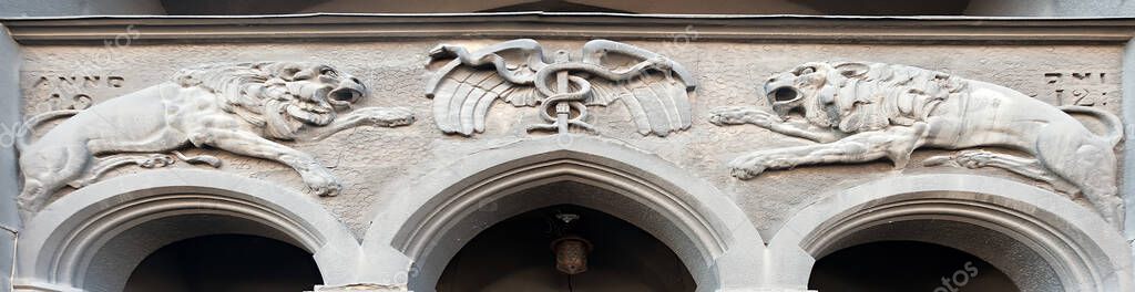 Decorative facade of an old building with panthers and snakes in Lviv Ukraine — Stock Image Decorative Facade Old Building Panthers Snakes Lviv Ukraine Royalty Free Stock Photos