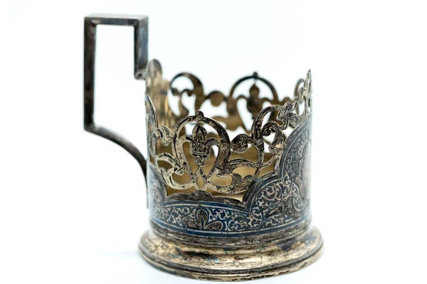 Vintage Silver Tea Glass Holder Isolated White Background — Stock Photo, Image
