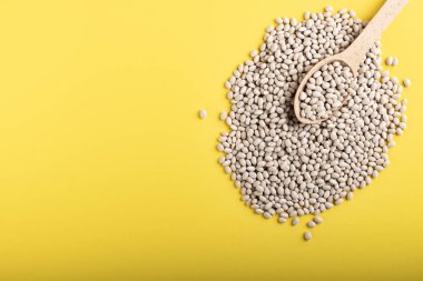 Bir tahta kaşık sarı bir arka plan üzerinde beyaz fasulye. Bir kopya alanı görüntüsüyle. Yatay yönlendirme.