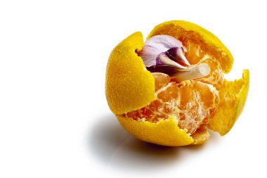 Mandarin ve diş sarımsak beyaz arka plan üzerinde. Yatay yönlendirme.