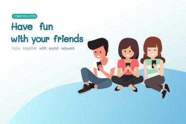 Grup cep telefonu, seyir mutlu genç arkadaşlar teknoloji ve küresel iletişim hakkındaki kavramları 