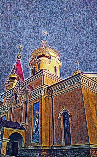 Ortodoxa Kyrkan Med Lysande Kupoler Mot Bakgrund Blå Molnfri Himmel — Stockfoto