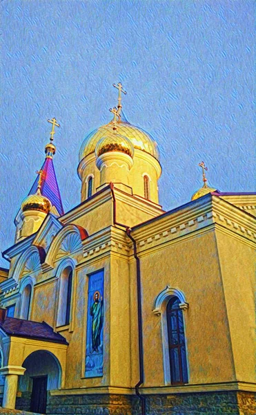 Chiesa Ortodossa Con Cupole Scintillanti Sullo Sfondo Del Cielo Blu — Foto Stock