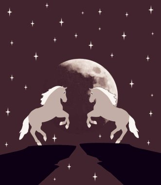 Dolunayın arka planında bir çift at. 