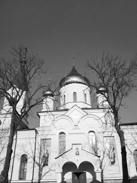 Chiesa Ortodossa Con Cupole Lucenti Una Giornata Invernale Luminosa — Foto Stock